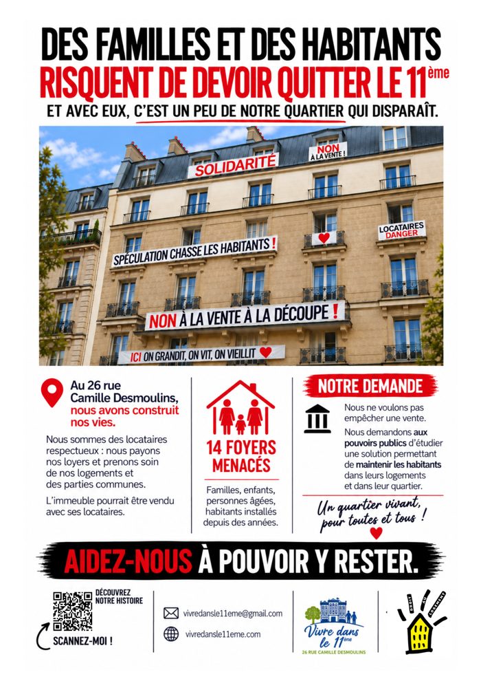 Affiche : des familles et des habitants risquent de devoir quitter le 11e